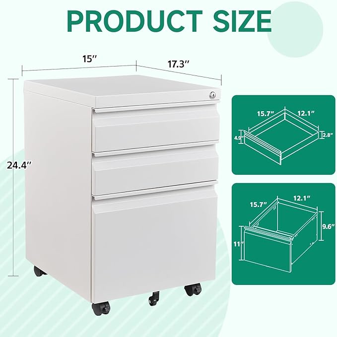 Letaya 3 Drawer Mobile File Cabinet with Lock, Under Desk Metal Rolling Filing Cabinets for Home Office Organizer Letters/Legal/A4 (White- Requires Installation) (White)-DeskLoop Office