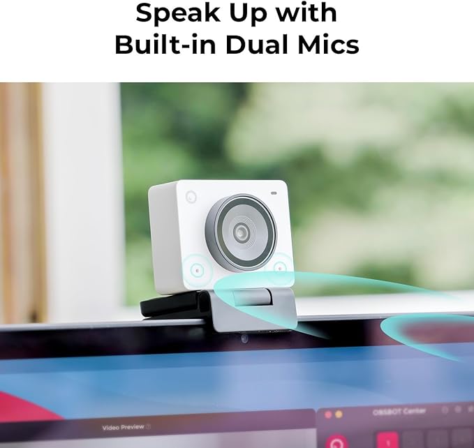 OBSBOT Meet 2 Webcam 4K - AI Framing & Auto Tracking, 1/2" Sensor, 60FPS, Auto Focus, HDR, Dual Mics - Lightweight USB Web Camera for Streaming, Zoom Meetings, Gaming. (Aurora Green)-DeskLoop Office