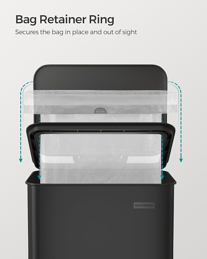 SONGMICS Kitchen Trash Can, 10.5 Gallon (40 L) Garbage Can, Large Step Trash Bin with Lid, Stainless Steel, Soft Close, 15 Trash Bags Included, Black ULTB540B40-DeskLoop Office