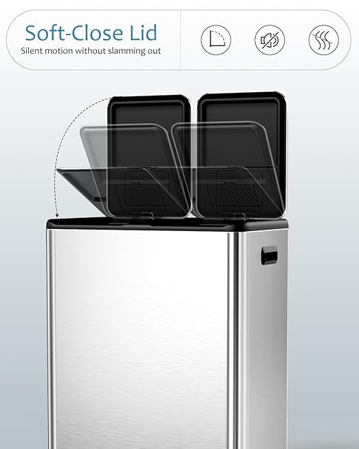 16 Gal (2 x 30 L) Dual Trash Can, Stainless Steel Kitchen Garbage Bin, Recycle Dustbin with Odor Control Box, Soft-Close Lid, Inner Buckets, Side Handle, Step Pedal, for Home Office-DeskLoop Office