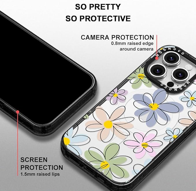 MOSNOVO Magnetic Case for iPhone 16 Pro, 10ft Military-Grade Protection, Compatible with Magsafe, Shockproof Phone Case for iPhone 16 Pro - Linear Blooms - Clear Black-DeskLoop Office