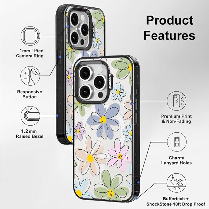 MOSNOVO Magnetic Case for iPhone 15 Pro, 10ft Military-Grade Protection, Compatible with Magsafe, Shockproof Phone Case for iPhone 15 Pro - Linear Blooms - Clear Black-DeskLoop Office