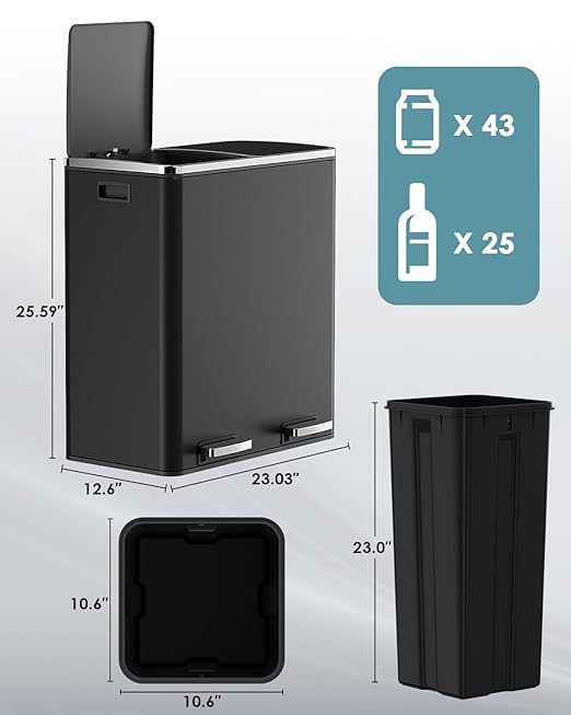 AthLike 60L(16 Gal) Dual Trash Can, Stainless Steel Kitchen Garbage Can, Double Compartment Classified Rubbish Bin, Recycle Dustbin w/Plastic Inner Buckets, Soft-Close Lid, Airtight, Black-DeskLoop Office