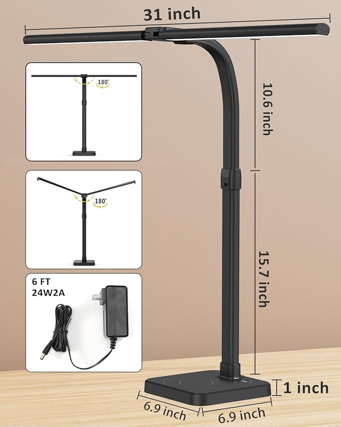 LED Desk Lamp for Home Office, Double Head 24W with Base, Architect Light 5 Lighting Brightness Flexible Gooseneck Table Reading Study, Black-DeskLoop Office