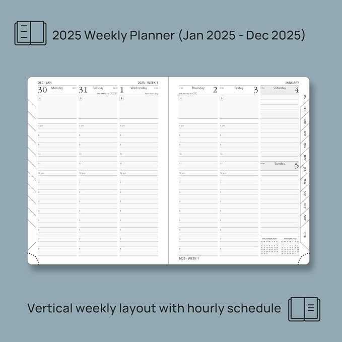 POPRUN 2025 Planner (Medium Size 8.5''x 6.5'' Hardcover) - Daily Weekly and Monthly Calendar Agenda 2025 Appointment Book with Hourly Time Slots, Monthly Tabs, 100 GSM - Pacific Green-DeskLoop Office