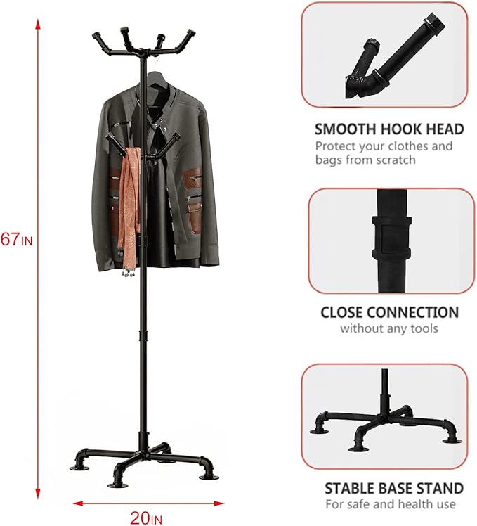 Industrial Coat Rack,Metal Pipe Coat Rack Stand Freestanding with 6 Hooks,Heavy Duty Coat Tree Sturdy Coat Racks for Entryway, Hallway, Bedroom (Black)-DeskLoop Office