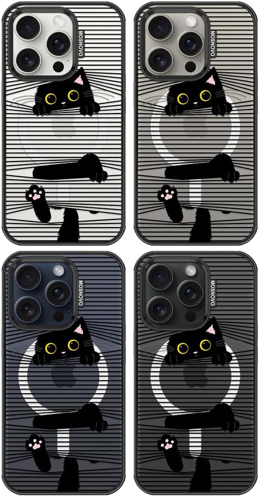 MOSNOVO Magnetic Case for iPhone 15 Pro, 10ft Military-Grade Protection, Compatible with Magsafe, Shockproof Phone Case for iPhone 15 Pro - Hidden Black Cat - Clear Black-DeskLoop Office