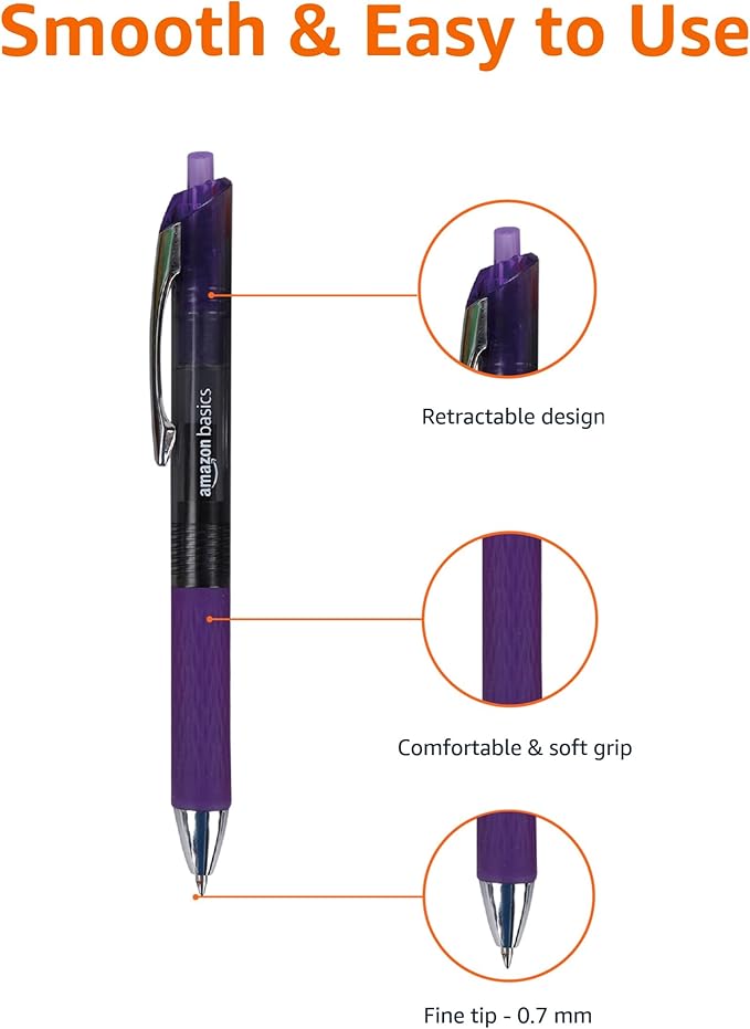 Amazon Basics Gel Pens Fine Point Smooth Writing Pens, Retractable, Assorted, 0.7mm, 12 Pack-DeskLoop Office