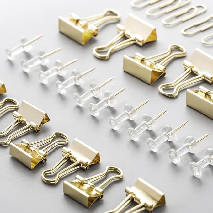 Paper Clips and Binder Clips Set, Metal Assorted Sized Binders with Push Pins, Cute Office Supplies for Desk, Desk Accessories (Gold Set of 3)-DeskLoop Office