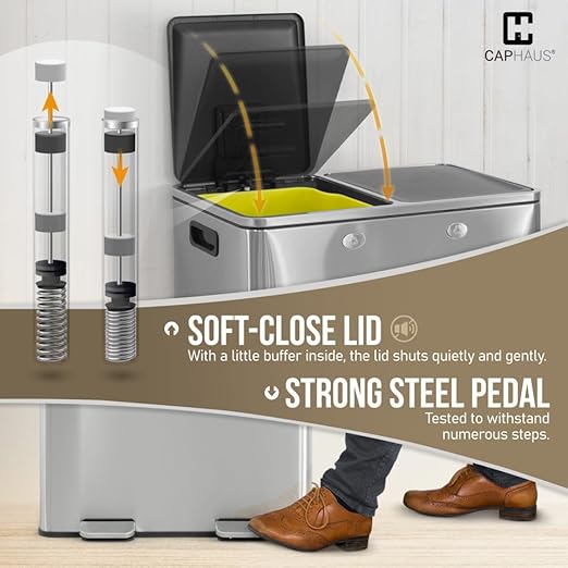 CAPHAUS Black Dual Trash Can w/Double Lid, Trash & Recycle Bins Combo, Hands-Free Stainless-Steel Garbage Can for Kitchen, with 2 Compartment, Hinged Lid, Odor Filters, Handles, 30L+30L, 2 x 8 Gal-DeskLoop Office