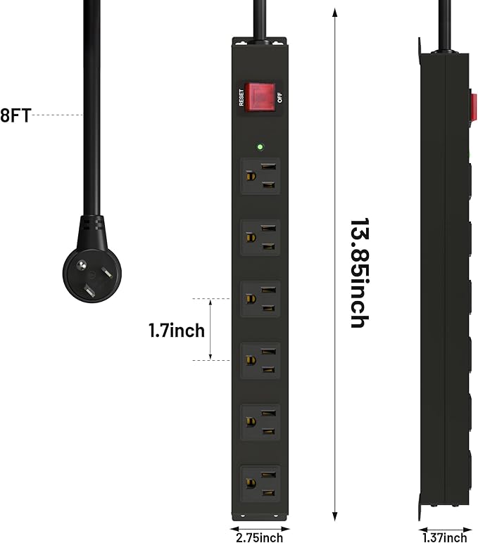 KF 6 Outlet Metal Power Strip with Surge Protection 2100J Mountable Power Outlet with Aluminum Alloy Mount Power Strip 14AWG 8FT Extension Cord,15A/125V/1875W in Home,Garage,Black-DeskLoop Office