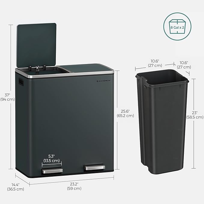 SONGMICS Trash Can, 2 x 8 Gallon (2 x 30 L) Garbage Can for Kitchen, with 15 Trash Bags, 2 Compartments, Plastic Inner Buckets and Hinged Lids, Airtight, Greenish-Gray ULTB60GS02-DeskLoop Office