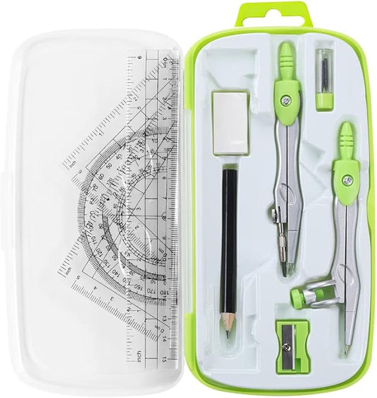 Math Geometry Kit Sets 10 Piece Student Supplies with Shatterproof Storage Box,Includes Rulers,Protractor,Compass,Eraser,Pencil Sharpener,Lead Refills,Pencil,for Drafting and Drawings(Green)-DeskLoop Office