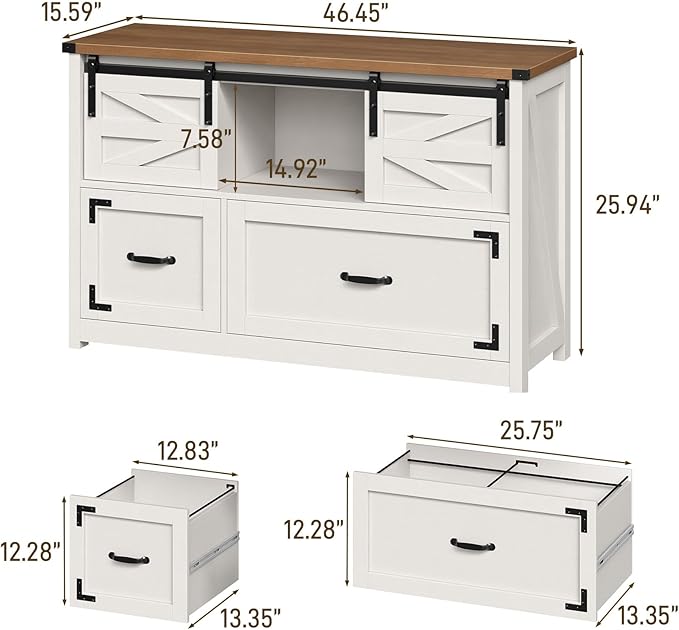 Lateral File Cabinets 2 Drawer with Sliding Barn Doors, Farmhouse Filing Cabinet with 2 Drawer for Home Officeļ¼Filing Organization Storage Cabinets for Hanging Files Letter/Legal/F4/A4.(Brown.)