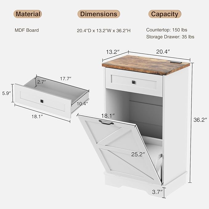 Tilt Out Trash Can, Farmhouse Kitchen Trash Cabinet w/Negative Ion, Dog Proof 10 Gallon Garbage Can for Kitchen, Bathroom, Living Room, White-DeskLoop Office