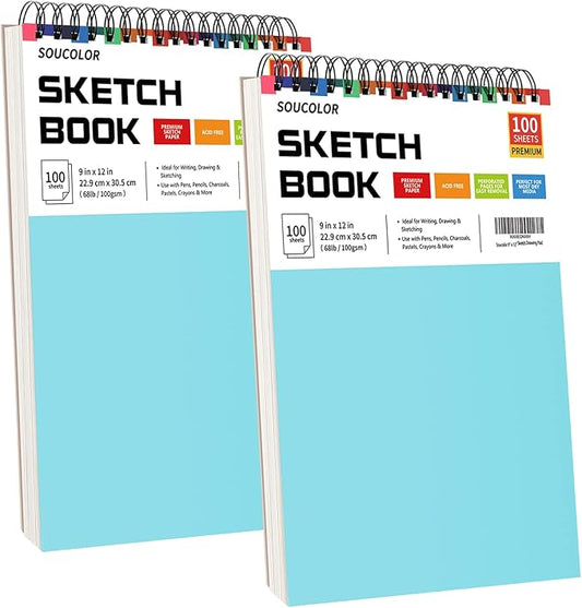 Drawing Set Sketching Kit, Pro Art Supplies, Soucolor 9" x 12" Sketch Book, 1-Pack 100 Sheets Spiral Bound Art Sketchbook for Colored Pencils, Graphite, Charcoal, Metallic Pencils, Sketching Pencils-DeskLoop Office