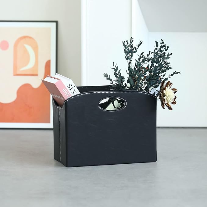 EZDeco Magazine Holder Foldable Magazine Rack Floor PU Leather File Holder Newspaper Book Storage Basket Document File Folder Organizer for Office Home-DeskLoop Office