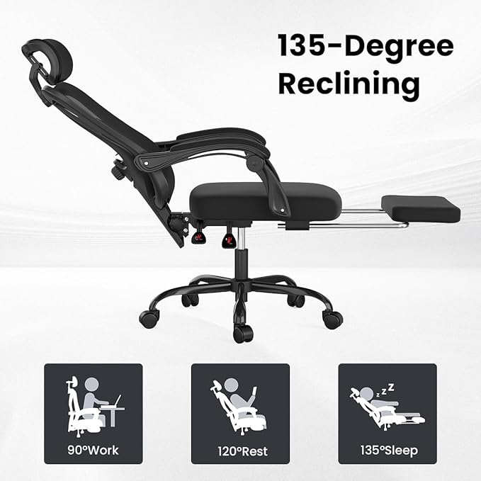 Farini Ergonomic Office Chair with Footrest, Mesh Office Desk Chair with Headrest, High Back Computer Chair with Adjustable Lumbar Support.for Home Office Study Room Bedroom (Black)-DeskLoop Office