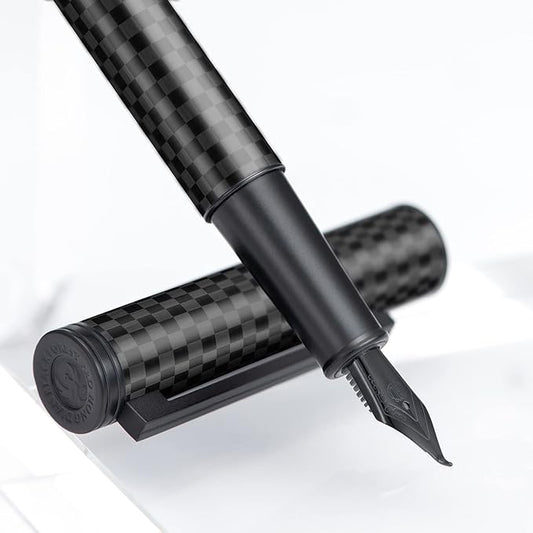 Hongdian Black Carbon Fiber Fountain Pen, Bent Nib Fude Pen for Calligraphy Writing (Fine to Broad) with Converter and Metal Pen Box Set-DeskLoop Office
