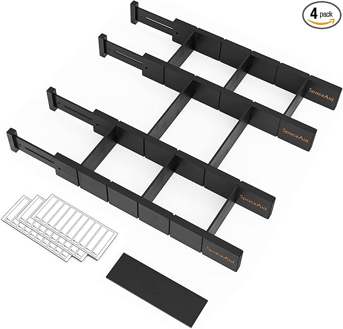 SpaceAid Bamboo Drawer Dividers with Inserts and Labels, Kitchen Adjustable Drawer Organizers, Expandable Organization for Home, Office, Dressers, 4 Dividers with 9 Inserts (17"-22" Black)-DeskLoop Office