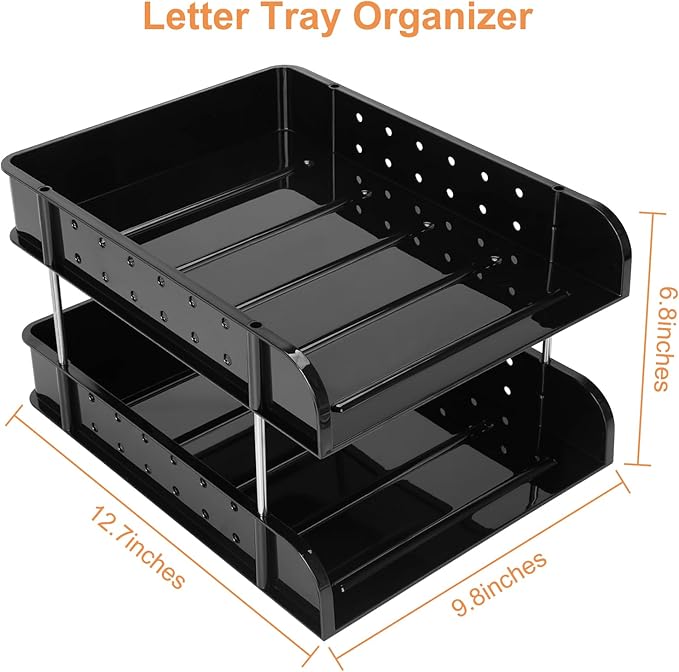 Stackable Letter Tray Papers Organizers, A4 Size Desk Organizer Tray for Letter Paper Stationery Desk Accessories, Plastic Black Paper Holder File Organizer for Office, School, Home (Dark Black)-DeskLoop Office