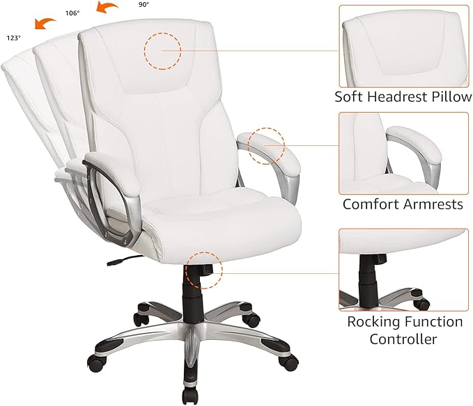 Amazon Basics Executive Home Office Desk Chair with Padded Armrests, Adjustable Height and Tilt, Rolling Swivel Chair, 275 Pound Capacity, White and Pewter-DeskLoop Office