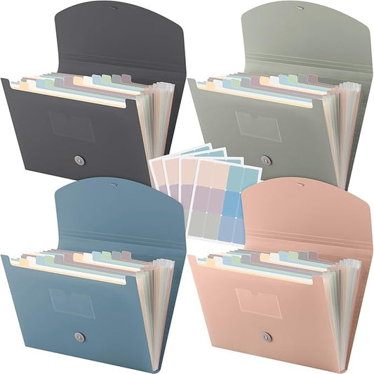 Harloon 4 Pcs Expanding File Folder 13 Pockets File Organizer with Labels A4 Letter Size Receipt Document Organizer Plastic Expandable Filing Folders for Office, Classroom, Home (Morandi Color)-DeskLoop Office