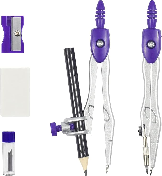 Math Geometry Kit Sets 10 Piece Student Supplies with Shatterproof Storage Box,Includes Rulers,Protractor,Compass,Eraser,Pencil Sharpener,Lead Refills,Pencil,for Drafting and Drawings(Purple)-DeskLoop Office