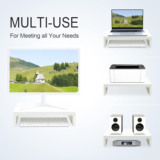 TEAMIX 14.2 inch White Monitor Stand Riser, Wood Monitor Riser with Storage for Desk Small Monitor Stand TV/Screen/PC/Laptop Riser Computer Stand Desktop Shelf (White-14.2 inch)-DeskLoop Office