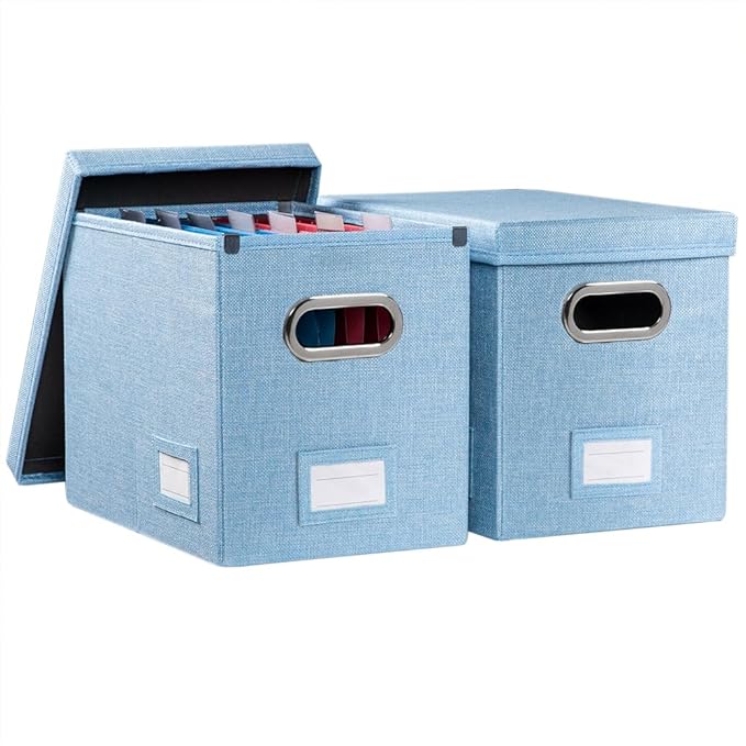PRANDOM File Organizer Box - Set of 2 Collapsible Decorative Linen Filing Storage Hanging File Folders with Lids Office Cabinet Letter Size Blue (14x9.3x10.8 inch)-DeskLoop Office