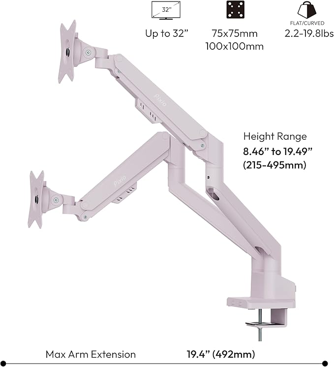 Pixio PS1D Wave Pink Dual Monitor Arm Stand Desk Mount - Fits up to 32 inches Monitors and up to 19.8lbs. VESA Compatibility and Integrated Cable Management-DeskLoop Office