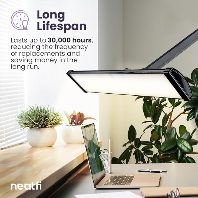 Neatfi Ultra 3,500 Lumen LED Desk Lamp, Color Correlated Temperature, 3 Light Modes, Dimmable, 45W, 26 Inch Wide Metal Shade, 540 SMD LEDs (CCT with Base, Black)-DeskLoop Office
