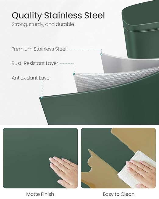 SONGMICS Trash Can with Lid, 8 Gallon Garbage Can, Stainless Steel Small Waste Bin with Step Pedal and Inner Bucket, Soft Close, Kitchen, Retro Green ULTB003C01-DeskLoop Office