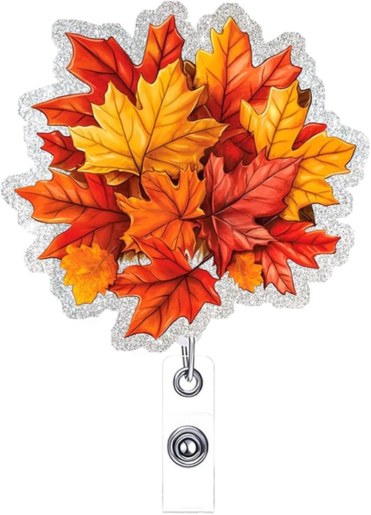 Autumn Leaves Badge Reel Retractable Badge Holder with Alligator Clip Fall Acrylic ID Name Card Scroll Red Maple Leave Badge Clips Designs for Student Teacher Office School Worker Nurse Decoration-DeskLoop Office