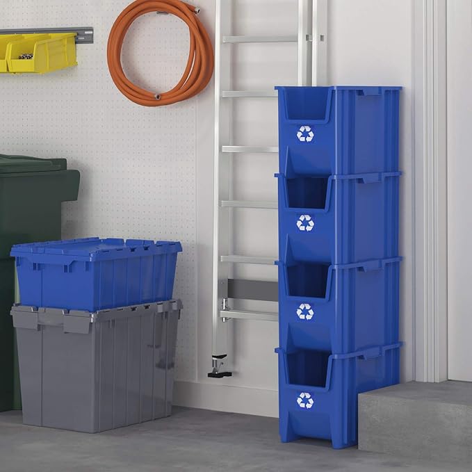 Commercial Industrial Heavy Duty Stackable Open-Front Recycling Bin Box Containers, 7 Gallon, 4 Pack, Blue-DeskLoop Office