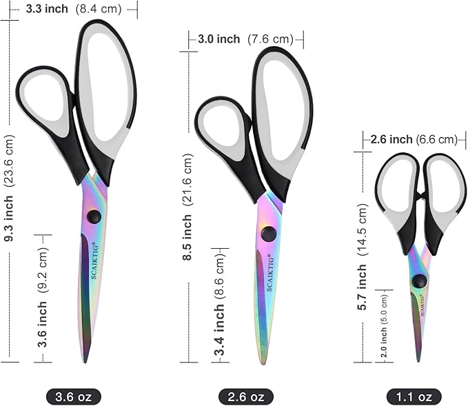 Craft Scissors Set of 3 Pack, All Purpose Sharp Titanium Blades Shears, Comfort Grip Handle, Multipurpose Fabric Scissors Tool Great for Adults, Office, Sewing, School and Home Supplies, White&Black-DeskLoop Office