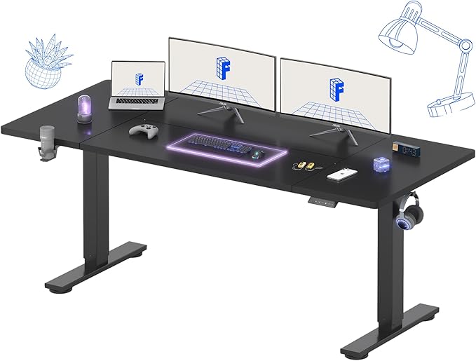 FLEXISPOT 71 x 32 Inch Large Standing Desk, Stand Up Desk with Splice Board, Rising Desks for Home Office, Office Desk with Cup Holder and Headphone Hook (Black Frame + Black Top, 2 Packages)-DeskLoop Office