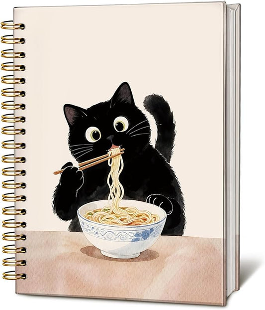 LIANHW Funny Black Cat Notebook, Cats Lover Gifts Notebooks for Note Taking, Cats Mom Lady Gifts Journal, Black Kitten Eat Noodles Journals for Writing, Cat Office Supplies, 5.5x8.3 Inch-DeskLoop Office