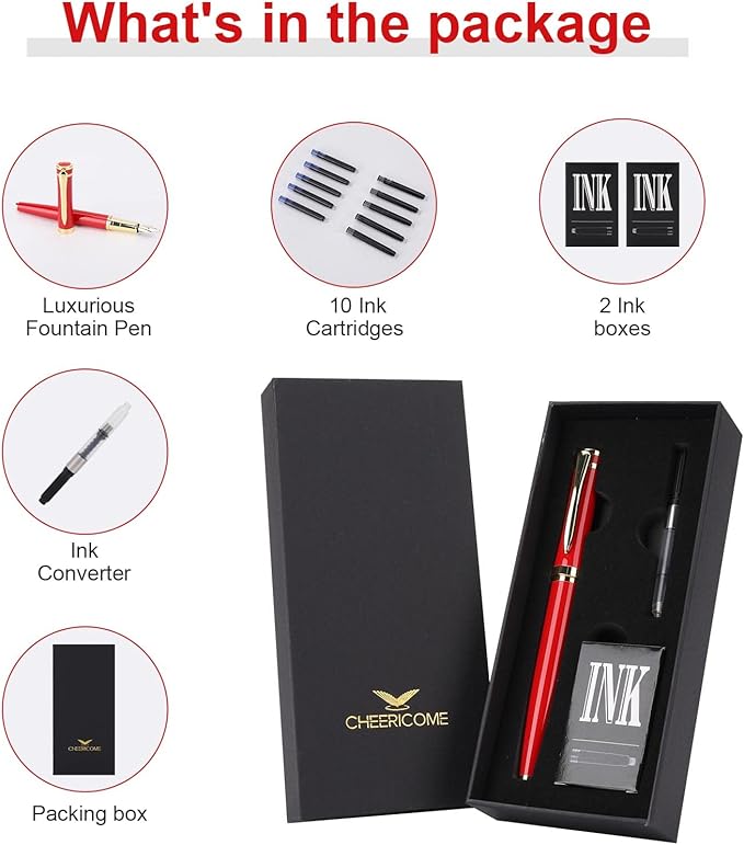 Cheericome Fountain Pen - Luxury Fountain pen set for Men & Women - Ink Pen for Smooth Writing - Fountain Pen Fine Nib,Includes 10 Ink Cartridges and Ink Refill Converter - Red-DeskLoop Office