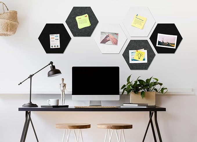 12" Large Bulletin Board with 30 Push Pins, Pack of 8 Hexagon Felt Pin Board Notice Boards for Home Office Kitchen, Felt Wall Tiles for Photos Memos