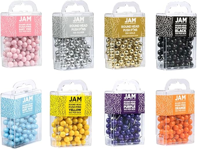 JAM PAPER Colorful Push Pins - Round Head Thumb Tacks - Assorted Color Pushpins - 8 Packs of 100-DeskLoop Office