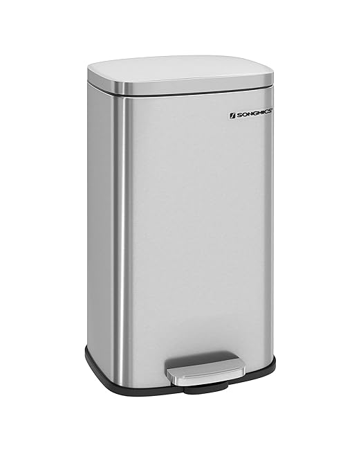 SONGMICS Trash Can with Lid, 8 Gallon Garbage Can, Stainless Steel Small Waste Bin with Step Pedal and Inner Bucket, Soft Close, Kitchen, Silver ULTB03NL-DeskLoop Office