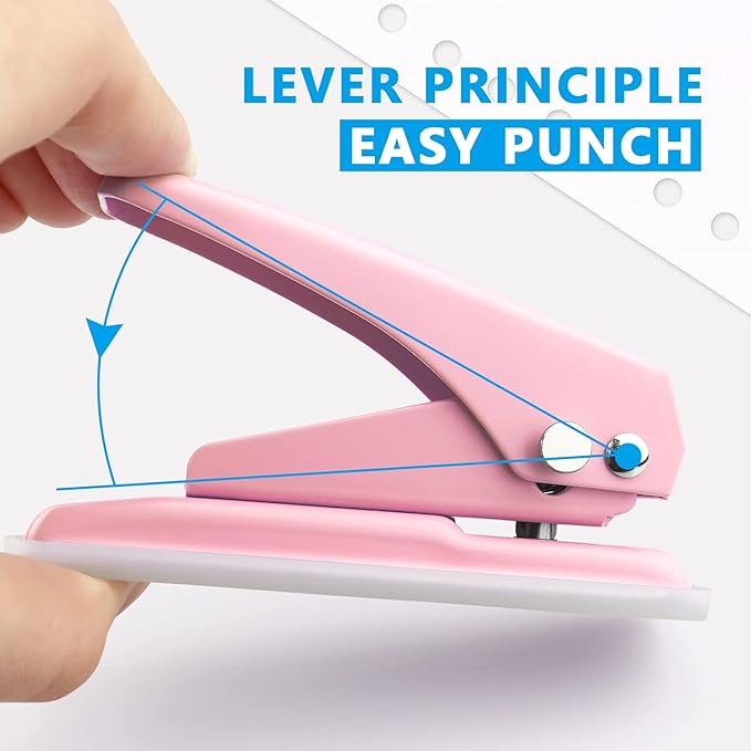 Single Hole Puncher Handheld 1/4 Inches Hole Punch, 20 Sheet Paper Punch Capacity Metal Hole Puncher with Skid-Resistant Base for Paper, Chipboard, Art Project, Pink-DeskLoop Office
