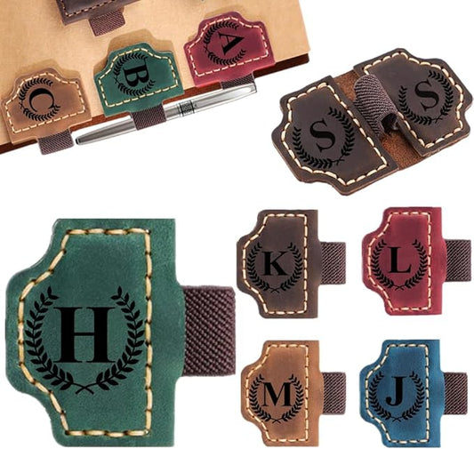 Custom Bookmark with Pen Holder with 26 Letters Personalized Magnetic Leather Book Mark, Customized Name Book Marker Clip with Initial for Men Women, Gifts for Book Lovers, Readers, (Green, H)-DeskLoop Office
