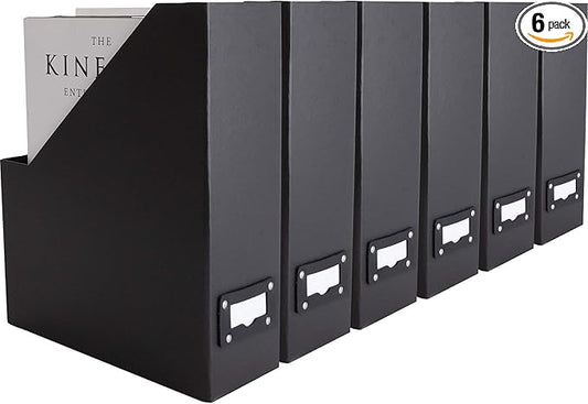 Blu Monaco Foldable Black Magazine File Holder with Leather Label Holder - Set of 6 Cardboard Magazine File Boxes Desk File Organizer-DeskLoop Office