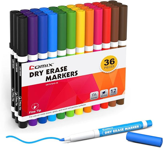 Comix Low Odor Dry Erase Markers, Fine Tip Whiteboard Markers, 36 Bulk 12 Assorted Colors Markers for Kids Teachers Office & School Supplies-DeskLoop Office