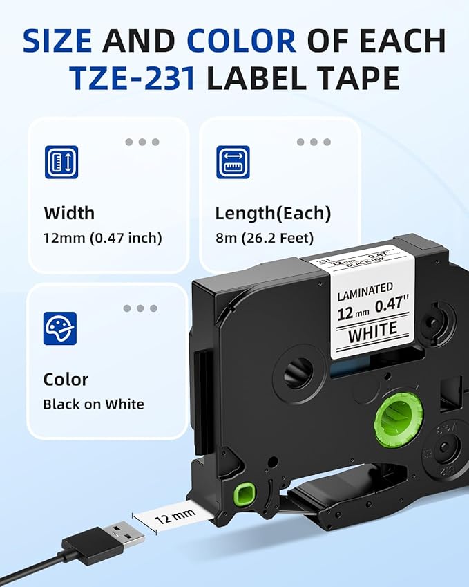 Airmall Replace for Brother Label Maker Tape TZe-231 TZe TZ Tape 12mm 0.47 Inch Laminated White TZe231 Black on White Compatible with Brother P-Touch 1/2" PT-D210 D220 H110 D400 D410 1280, 10-Pack-DeskLoop Office