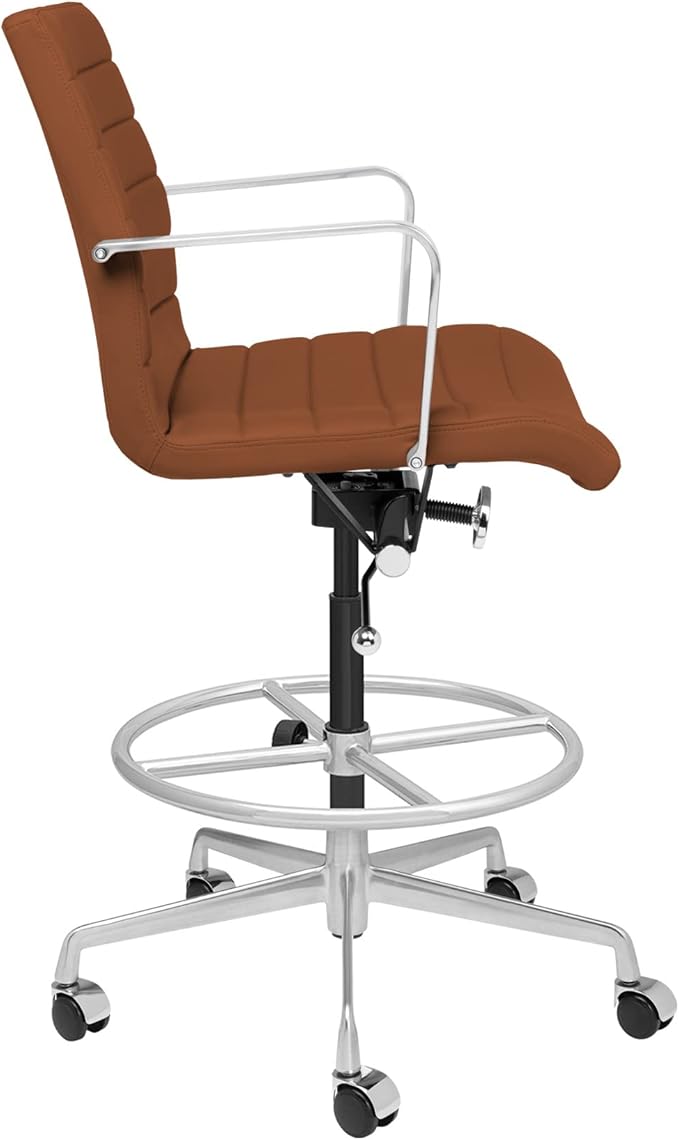 Laura Davidson Furniture SOHO II Ribbed Drafting Chair for Standing Desks, Standing Desk Chair - Ergonomically Designed, Commercial Grade Draft Height, Arm Rest & Cushion, Made of Faux Leather, Brown-DeskLoop Office