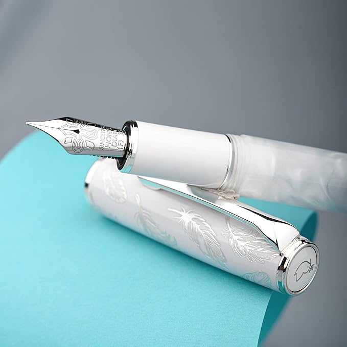Hongdian N8 White Acrylic Resin Fountain Pen, Iridium Extra Fine Nib Silver Plated Feather Carving Cap Smooth Writing Pen with Converter and Metal Pen Box Set-DeskLoop Office