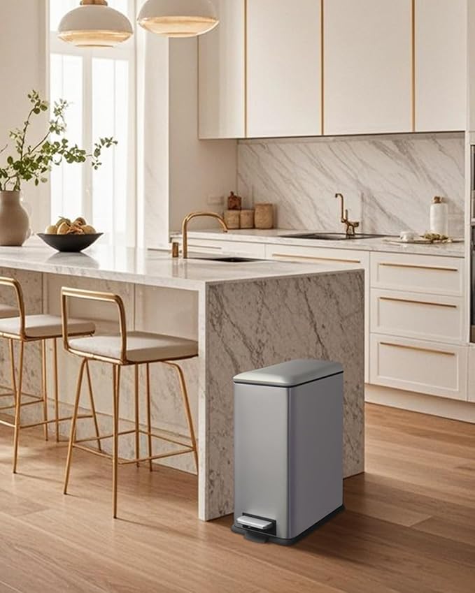 8 Gallon Slim Trash Can with Soft Close Lid, Stainless Steel Trash Can with Removal Inner Bucket, Hand -Free Trash Bin for Kitchen, Office, Laundry, Bathroom, 30 Liter Capacity, Grey-DeskLoop Office